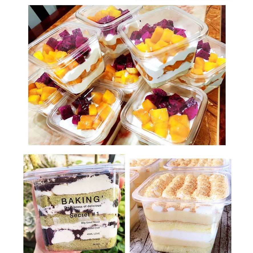 10pcs Transparent square creative disposable cups 420ml thicken plastic cups with lid takeaway package pudding (1489L) - Image 3
