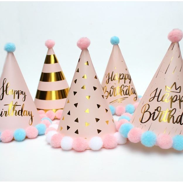 1pc Happy Birthday Hat Party Decoration Children Birthday Gift Kindergarten DIY Handmade Paper Pompom Cap (2949L)