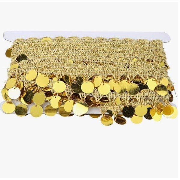 1yard Belly Dance Tassel with Bling Sequins Coins Gold Silver Polyester Curtain Decoration SequinTassel Trim 金银花边 (2974L - Image 7