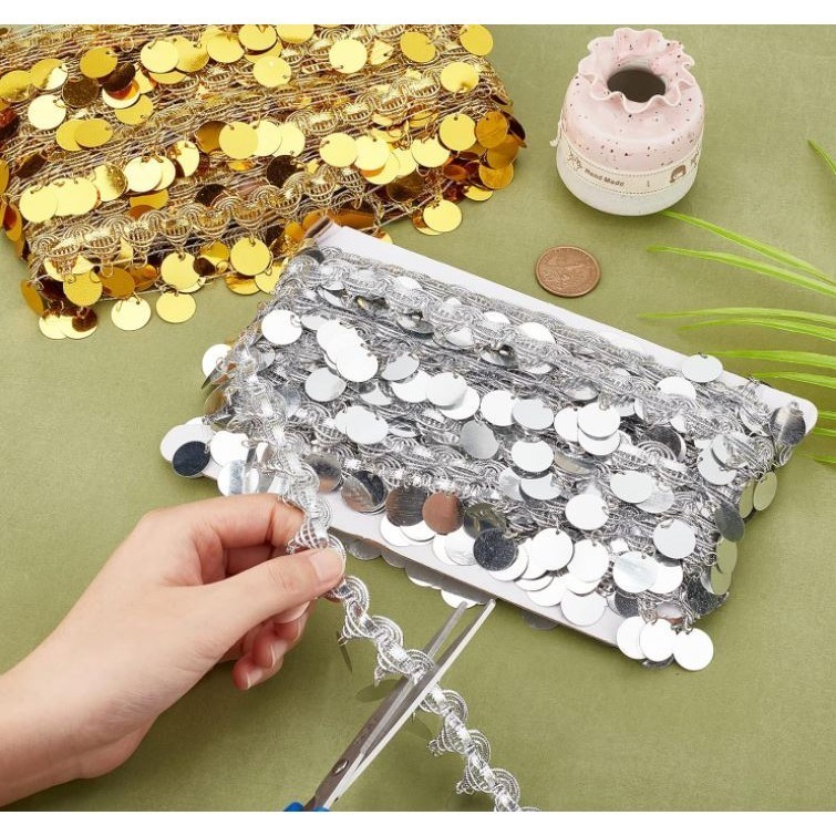 1yard Belly Dance Tassel with Bling Sequins Coins Gold Silver Polyester Curtain Decoration SequinTassel Trim 金银花边 (2974L - Image 2
