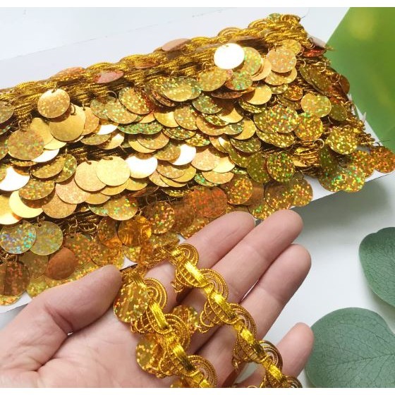 1yard Belly Dance Tassel with Bling Sequins Coins Gold Silver Polyester Curtain Decoration SequinTassel Trim 金银花边 (2974L - Image 9