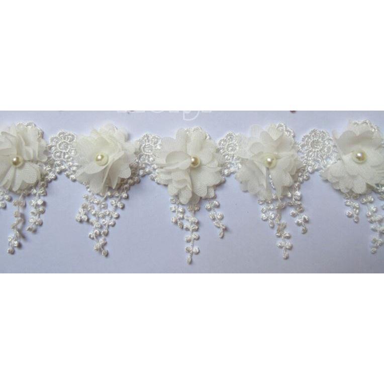1yard Soluble Fringe Pearl Chiffon Embroidered Lace Trim Ribbon Fabric Sewing Craft Patchwork Handmade DIY For (1570L) - Image 2