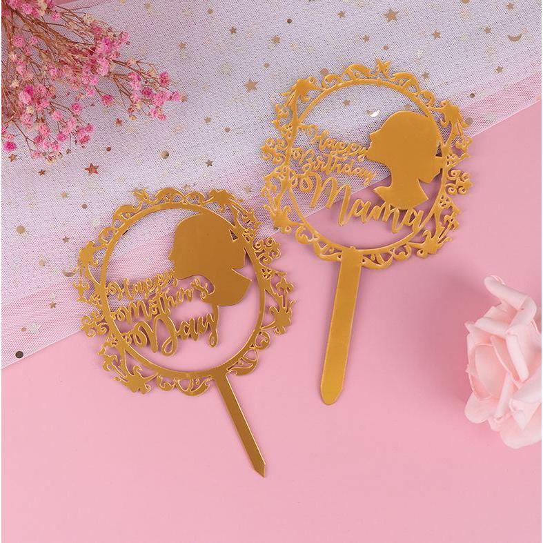 Gold Acrylic Happy Mother's Day Cake Top Flags Cake Topper for Mum Mother Birthday Celebration (818L)