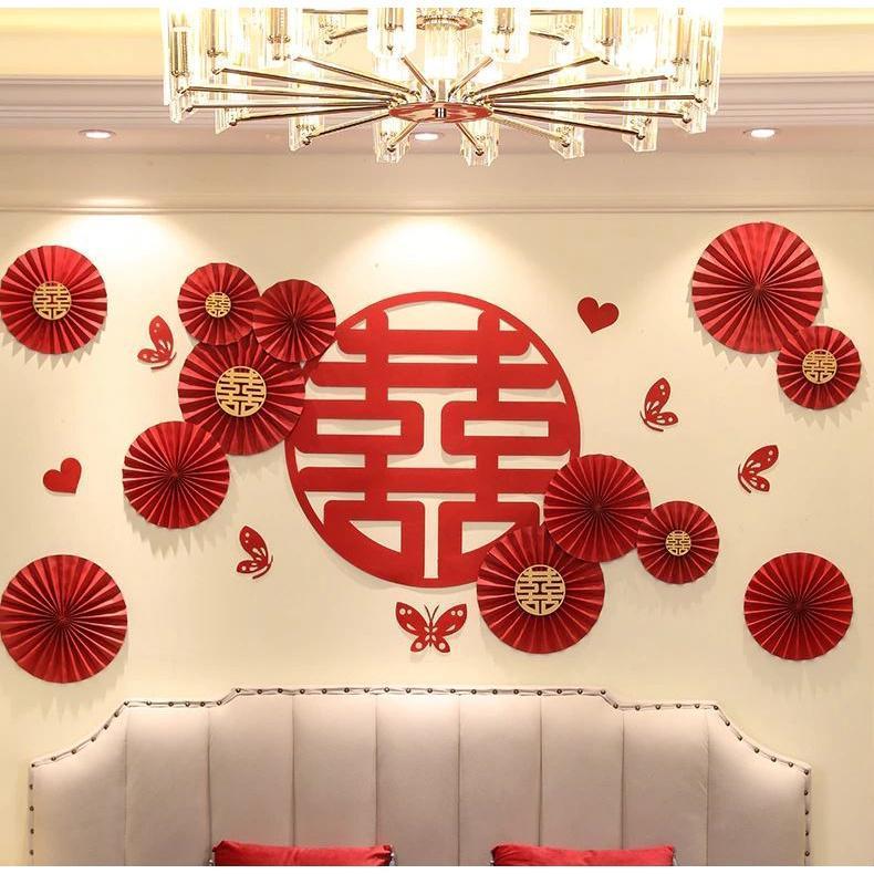 Red Chinese Words Traditional Happy Wedding Decorations Paper Fans Flower With Gold Wedding Double Happiness Wall(1914L) - Image 2