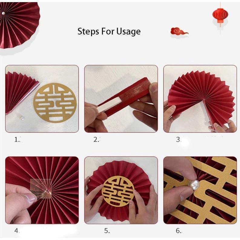 Red Chinese Words Traditional Happy Wedding Decorations Paper Fans Flower With Gold Wedding Double Happiness Wall(1914L) - Image 4