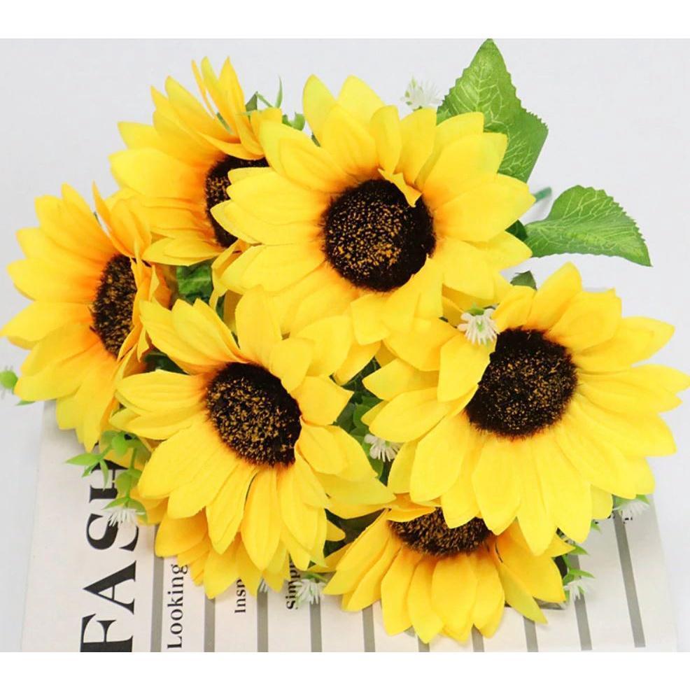 Cute 1 Bunch 7 Heads Sunflower Silk Artificial Flower Bouquet For Home Wedding Decoration 太阳花 (656L) - Image 2