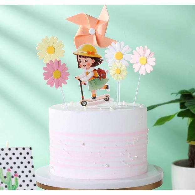 Little girl with skateboard Cake decoration ins wind daisy bow little girl plug-in birthday baking dessert (1393L) - Image 2