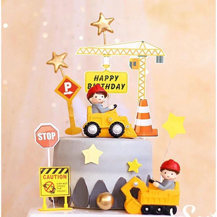 Engineering Construction Vehicle Decoration Traffic Sign Star Cake Topper for Birthday Party Baby Shower (933L)