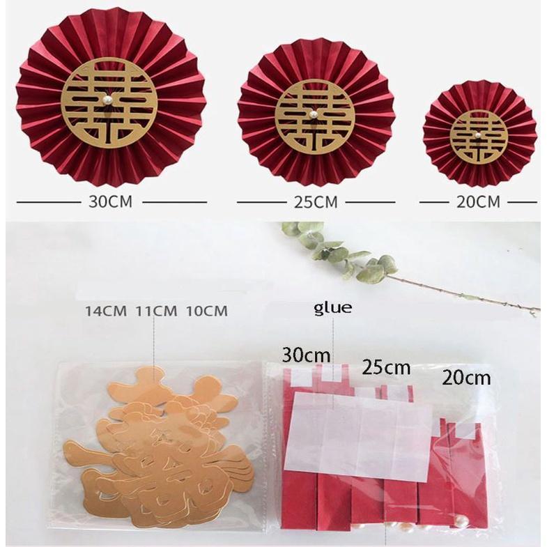Red Chinese Words Traditional Happy Wedding Decorations Paper Fans Flower With Gold Wedding Double Happiness Wall(1914L) - Image 3