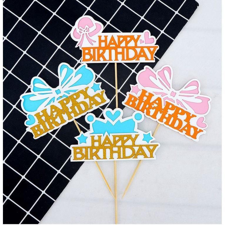 Cute Ribbon Happy Birthday Cake Topper Pink Blue Cupcake Topper for Birthday Party Dessert Cake Decorations(1463L)
