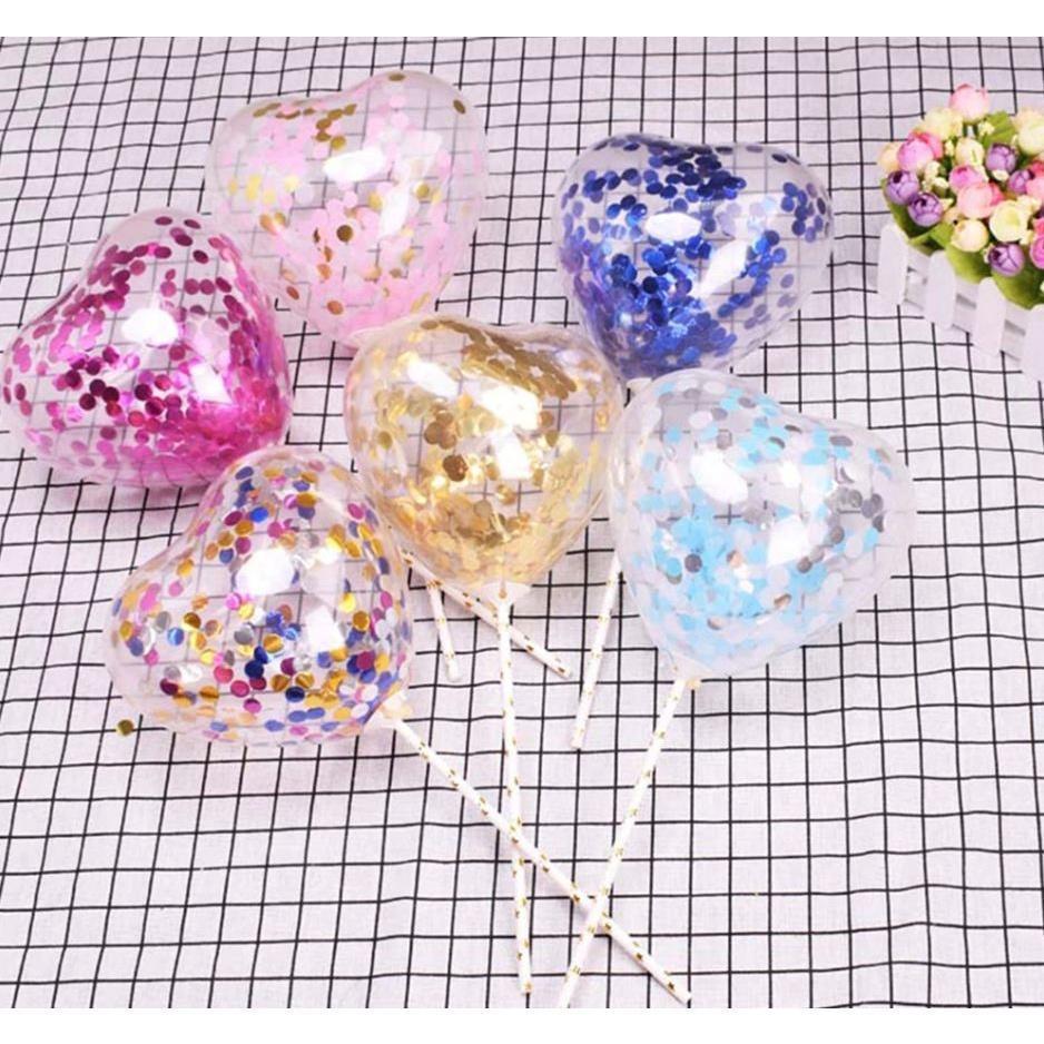 5inch Metal Confetti Balloon Heart Clear with Star Pole Wedding Decoration Cake Baby Shower 透明爱心气球 (405L)