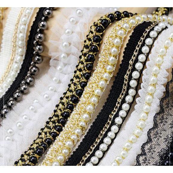 1yard Beaded Lace Ribbon Tape Lace Fabric Trim Embroidered Collar Decoration African Cotton Lace Fabric 链条配饰珠子花边(1921L)