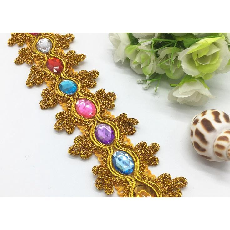 1yard 8.5cm Gemstone Sewing Edge Trim Lace Golden/Silver Ribbon Dress Skirt Wedding Decoration 彩色贴钻花边 (1537L) - Image 3