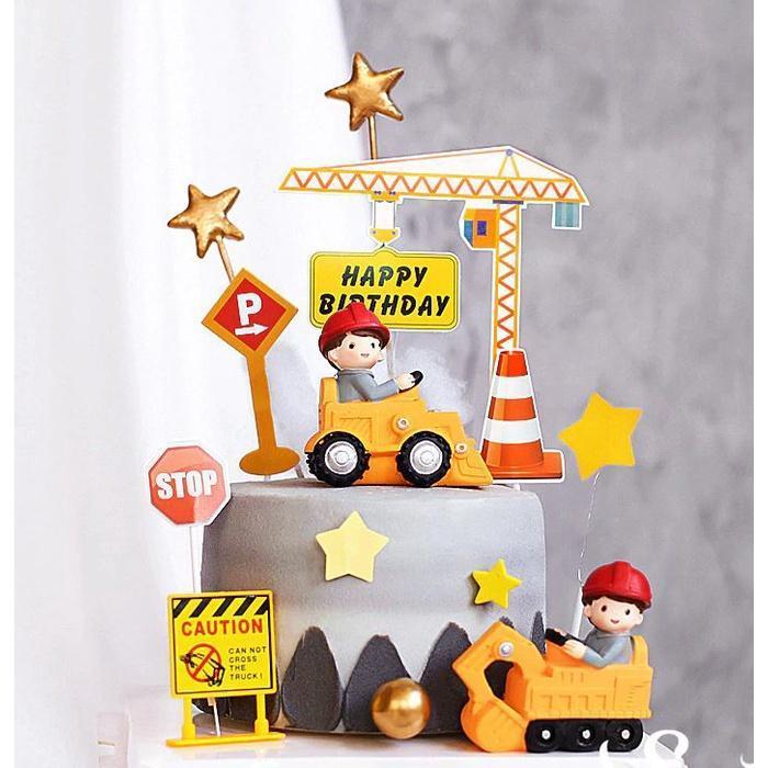 Engineering Construction Vehicle Decoration Traffic Sign Star Cake Topper for Birthday Party Baby Shower (933L) - Image 2
