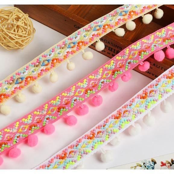 1yard Colored Ribbon Ball Fringed Lace Pompom Style Clothing Home Textile Lace Ribbon DIY Sewing Decor 民族风毛毛球花边(1919L) - Image 3