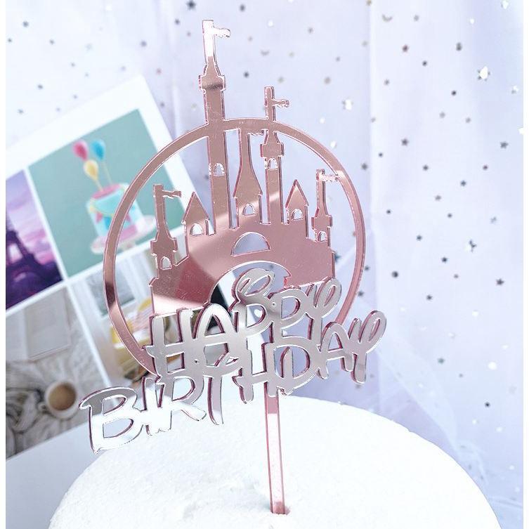 Happy Birthday Acrylic Cake Topper Silver Pink Castle Cupcake Topper For Kids Birthday Party (413L)