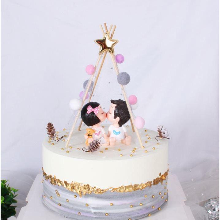Birthday Wedding Party Cake Decoration Wrought Iron Star Yarn Hair Ball Tent Baking Ornaments DIY Topper (1309L) - Image 3