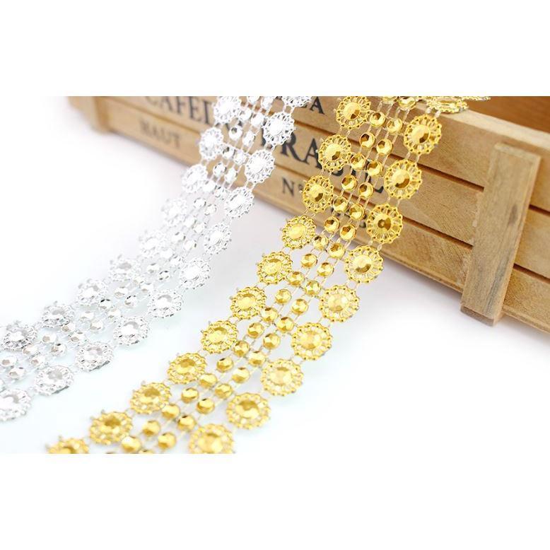 1Yard 2.8cm Gold Silver Flower Crystal Rhinestone Ribbon Tape Diamond Mesh Roll DIY Sewing Craft Flower Gift (1902L) - Image 3