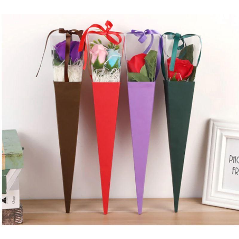 65cm Vintage triangle Flower Packaging Box Valentine's Day Rose Flower Transparent Single Bouquet Gift Box (1925L)