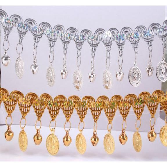 1yard 30mm~85mm Gold and silver lace with bell and coin Lace Trims Wedding Lace Fabric DIY Fringe 金币铃铛吊坠花 (1565L)