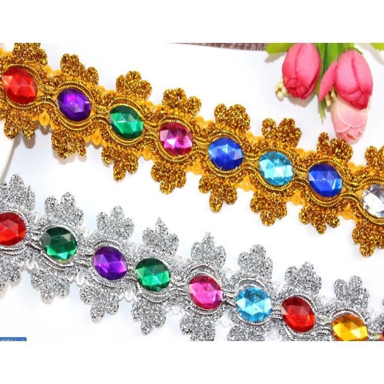 1yard 8.5cm Gemstone Sewing Edge Trim Lace Golden/Silver Ribbon Dress Skirt Wedding Decoration 彩色贴钻花边 (1537L)