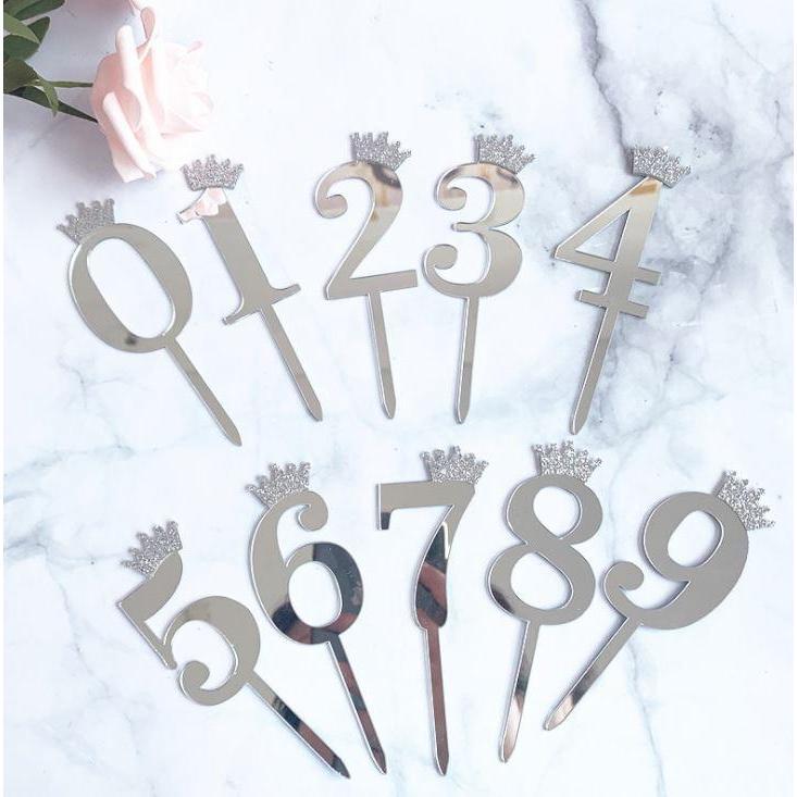 10.5cm Mirror Surface Cake Topper Acrylic Number 0-9 with Crown Kids Birthday Party Dessert Cake Decorating(993L)