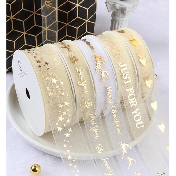 2.5cm 1yard Organza Ribbon Just For You Gold Foil Printed Ribbon For Gift Packaging Wedding DIY Crafts (1498L)