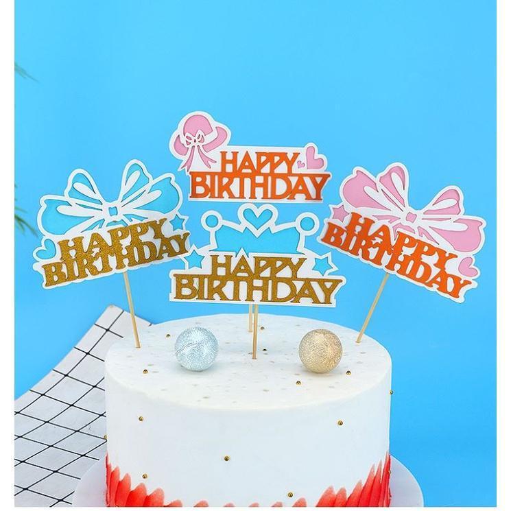Cute Ribbon Happy Birthday Cake Topper Pink Blue Cupcake Topper for Birthday Party Dessert Cake Decorations(1463L) - Image 2