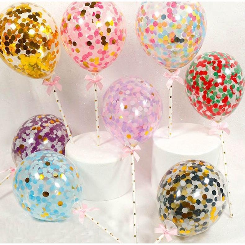 5inch confetti balloon Cake Topper Happy Birthday Cupcake Topper For Baby Shower with Paper Straw Ribbon 插牌摆件插旗 (395L) - Image 2