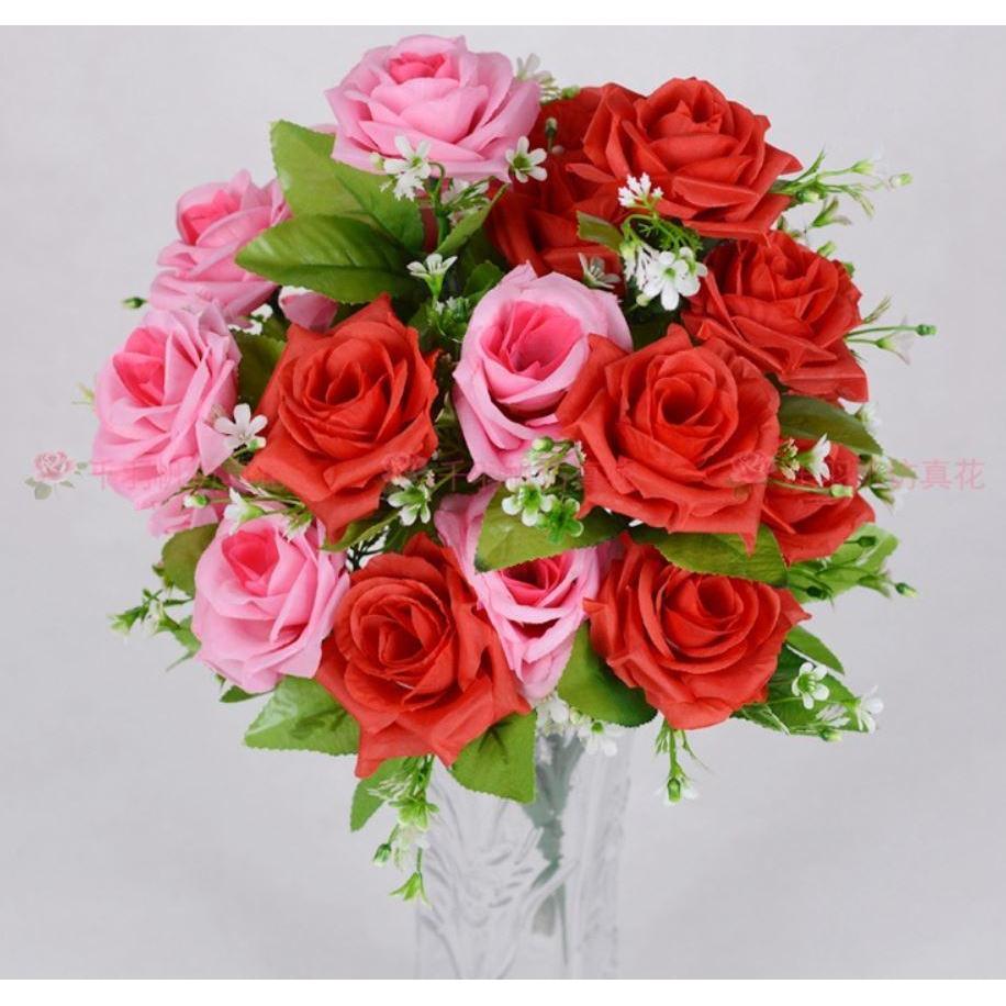 12 Heads Artificial Flowers Rose Gypsophila Bouquet Silk Rose Bouquet DIY Wedding Holding Flowers (669L)
