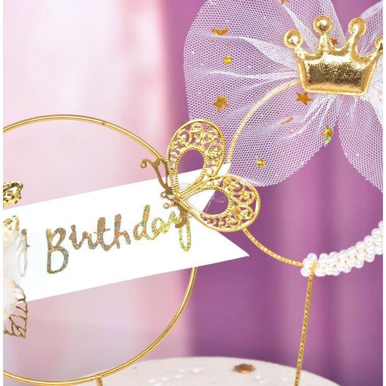 Pearl Crown Iron Garland Happy Birthday Cake Topper Prince Princess Theme Wedding Cake Decoration Kids Favors(1150L) - Image 2