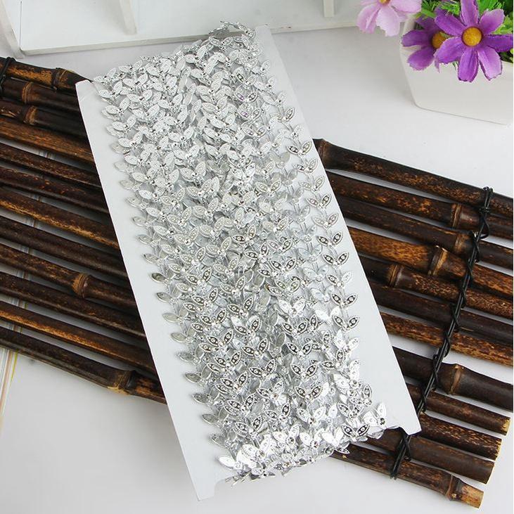 1yard Silver Leaf Rhinestone Crystal Ribbon Faux Diamond Ribbon Acrylic Flower Mesh Wrap Tape for Wedding (915L)