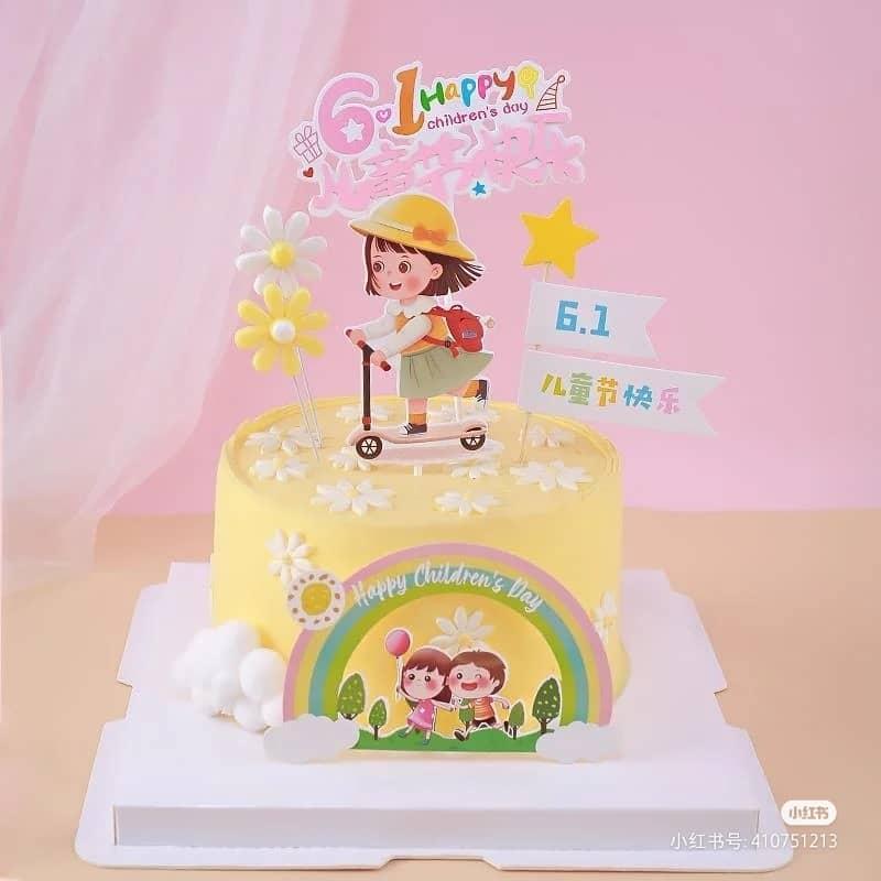 Little girl with skateboard Cake decoration ins wind daisy bow little girl plug-in birthday baking dessert (1393L)