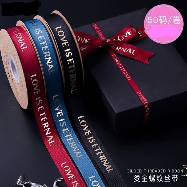 50yard 2.5cm Romantic Gift Packaging Belt Gilding Printed "LOVE IS ETERNAL" Design Ribbon Tapes DIY Sewing (1876L)