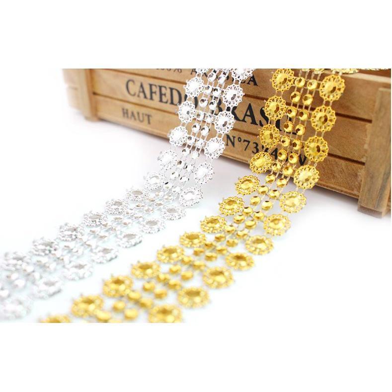1Yard 2.8cm Gold Silver Flower Crystal Rhinestone Ribbon Tape Diamond Mesh Roll DIY Sewing Craft Flower Gift (1902L) - Image 2