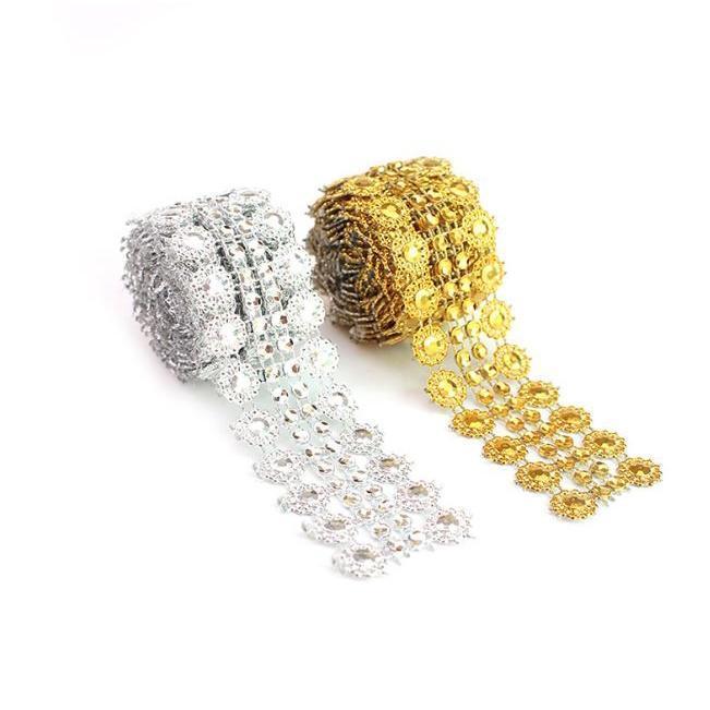 1Yard 2.8cm Gold Silver Flower Crystal Rhinestone Ribbon Tape Diamond Mesh Roll DIY Sewing Craft Flower Gift (1902L)