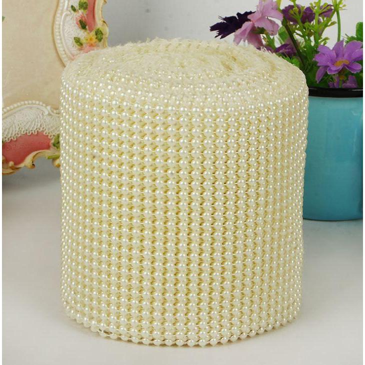 24 Rows 4mm Pearl Mesh Wrap Ribbon Bead Roll Acrylic Pearl Trim for Wedding Party Cake Vase Bridal (912L)