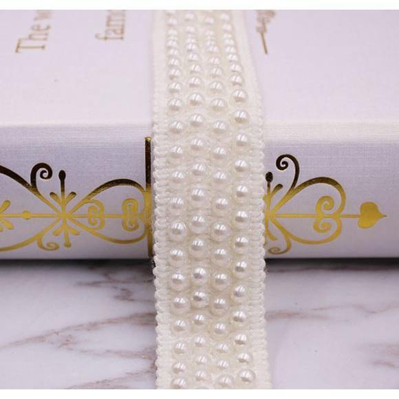 1yard/lot Pearl Beaded Lace Trim Tape Fabric White/black Lace Ribbon clothing Sewing Garment 二排/三排/四排珠子织带花边(1920L) - Image 4