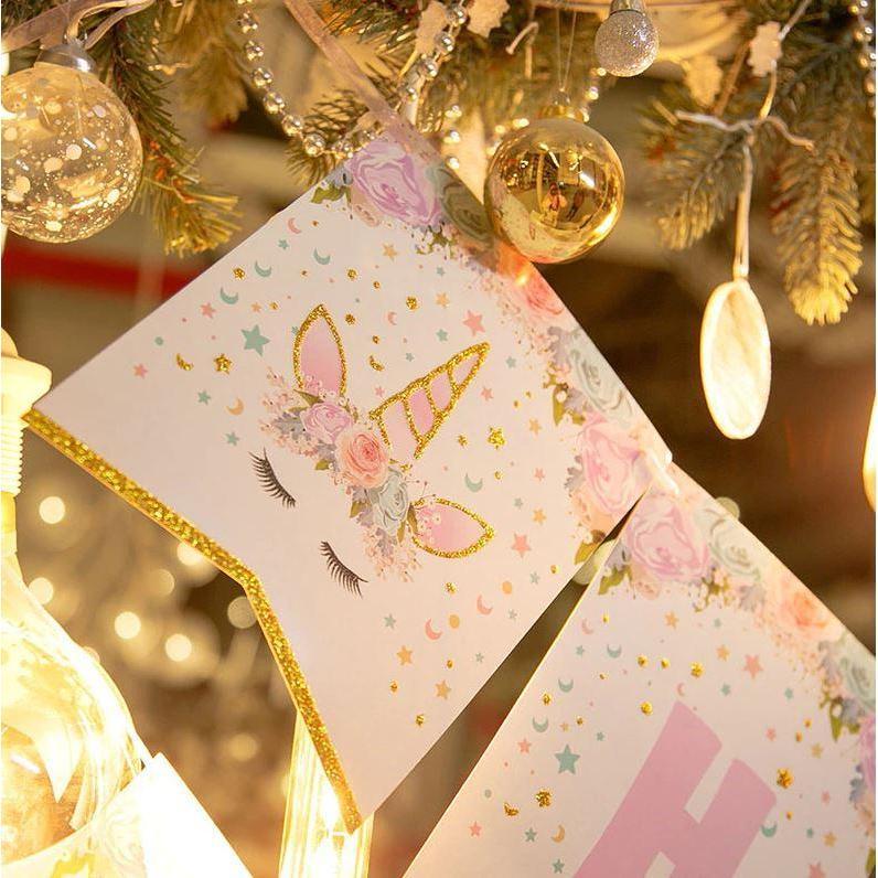 1 set of unicorn party happy birthday 15 pcs flag Banner party decorations decoration pennant unicorn house decor(1078L)