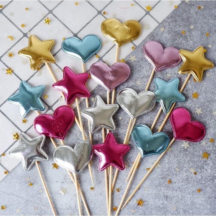 5pcs Star Heart Cake Toppers Adorable Cake Picks PU Cupcake Decor Party Supplies(1462L)