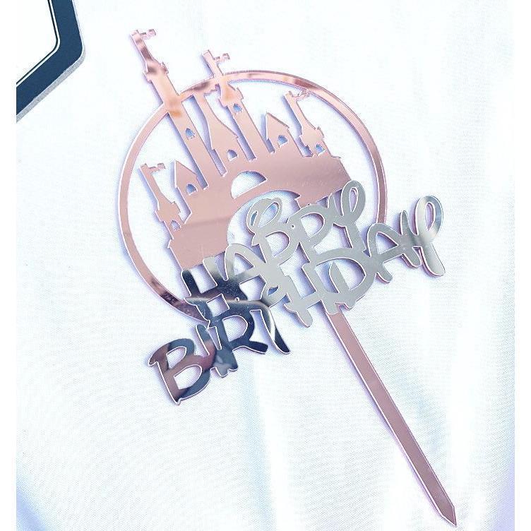 Happy Birthday Acrylic Cake Topper Silver Pink Castle Cupcake Topper For Kids Birthday Party (413L) - Image 2