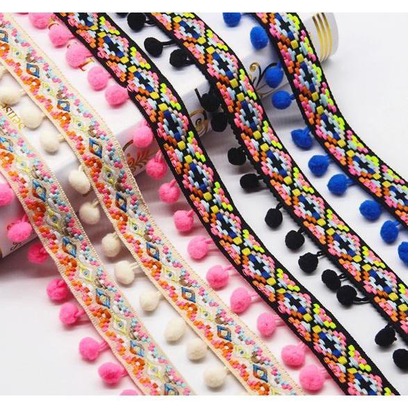 1yard Colored Ribbon Ball Fringed Lace Pompom Style Clothing Home Textile Lace Ribbon DIY Sewing Decor 民族风毛毛球花边(1919L) - Image 4