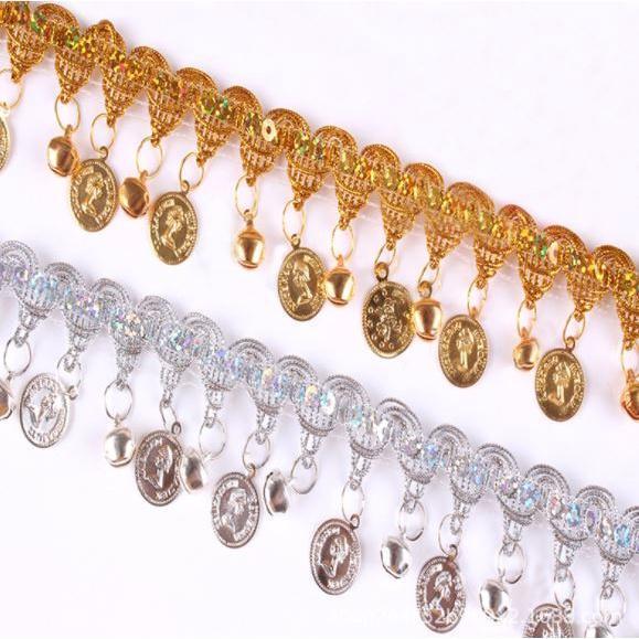 1yard 30mm~85mm Gold and silver lace with bell and coin Lace Trims Wedding Lace Fabric DIY Fringe 金币铃铛吊坠花 (1565L) - Image 2