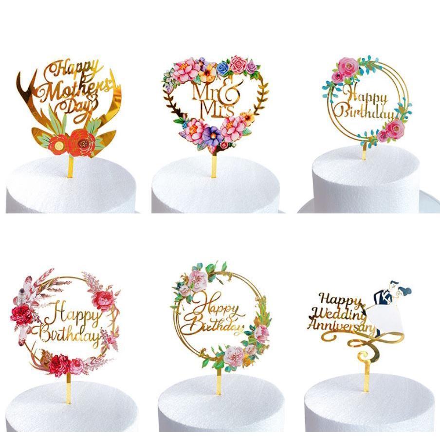 Happy Birthday Cake Topper Colored Flowers Letter Cake Toppers Golden Acrylic Birthday Party Dessert Decor(983L)