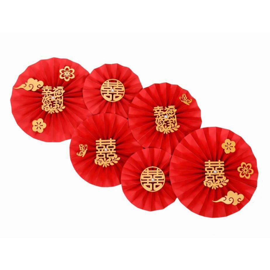 Red Chinese Words Traditional Happy Wedding Decorations Paper Fans Flower With Gold Wedding Double Happiness Wall(1914L) - Image 10
