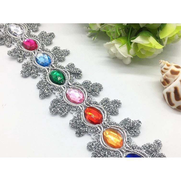 1yard 8.5cm Gemstone Sewing Edge Trim Lace Golden/Silver Ribbon Dress Skirt Wedding Decoration 彩色贴钻花边 (1537L) - Image 9