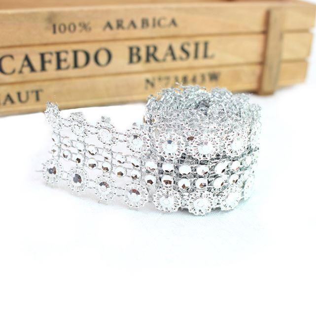 1Yard 2.8cm Gold Silver Flower Crystal Rhinestone Ribbon Tape Diamond Mesh Roll DIY Sewing Craft Flower Gift (1902L) - Image 9