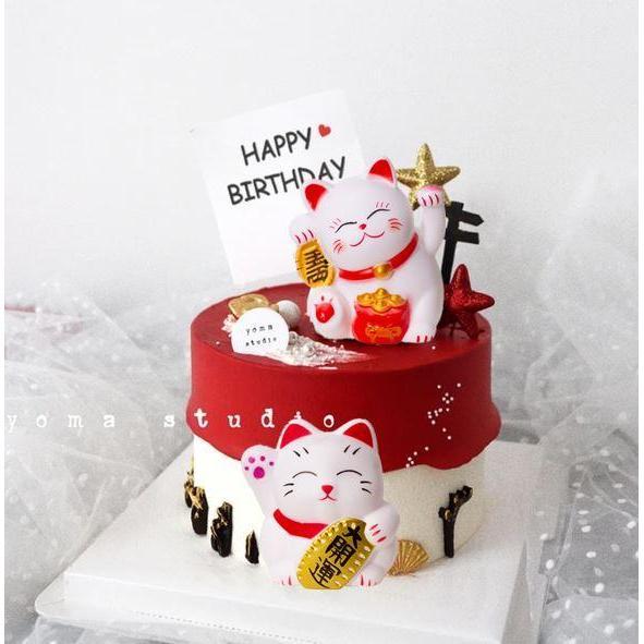 New Year Cake Decoration Lucky Cat Game Gold Red Color Printing New Year Resin Cake Insertion (1063L)