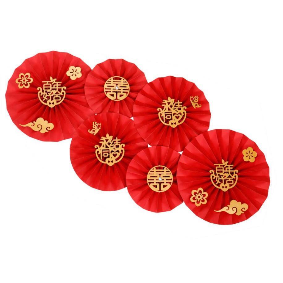 Red Chinese Words Traditional Happy Wedding Decorations Paper Fans Flower With Gold Wedding Double Happiness Wall(1914L) - Image 14