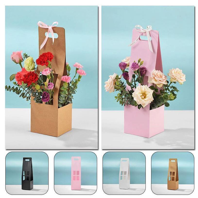 Portable Flower Box Waterproof Paper Handy Gift Bag Kraft Handbag Wedding Rose Party Gift Box Packaging(1014L) - Image 3